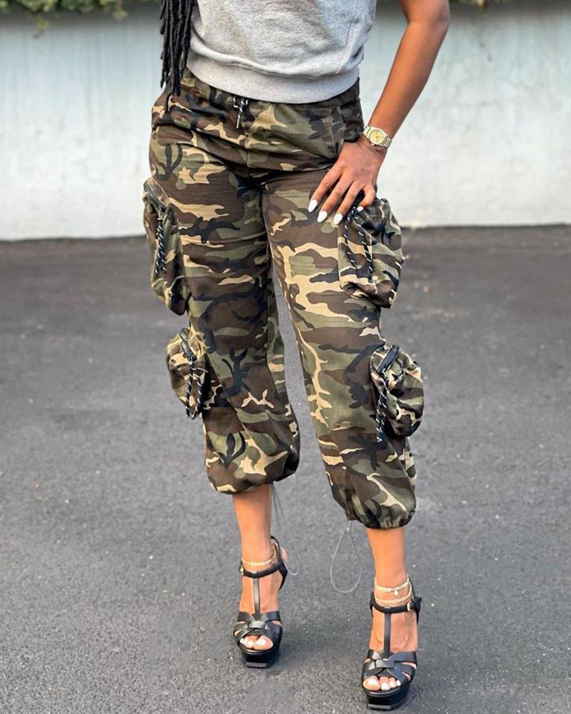 

Camouflage Print Zipper Pocket Design Cargo Pants, Army green