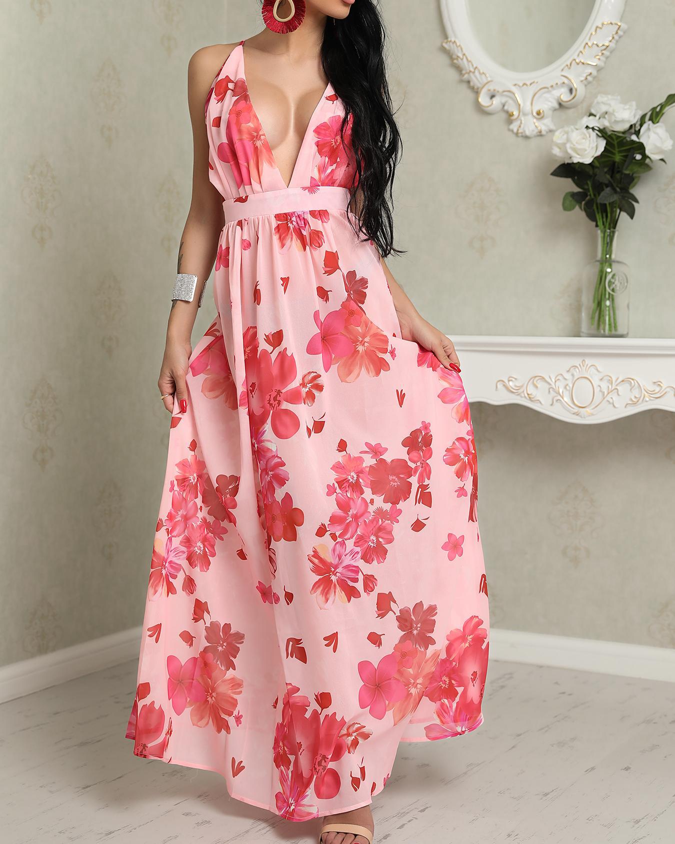 

Floral Print Pleated Backless Slip Maxi Dress, Orange