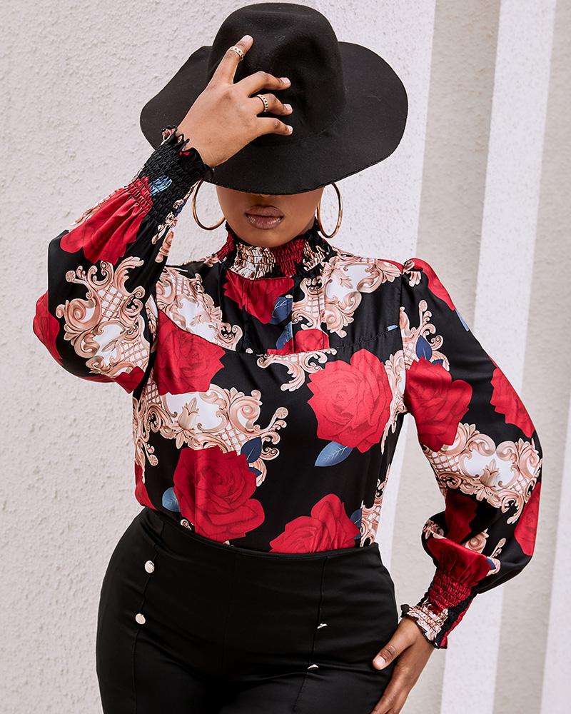 

Floral Baroque Print Frill Hem Shirred Top, Red