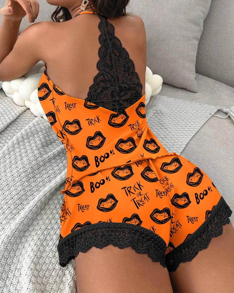 Halloween Trick Or Treat Lip Print Lace Patch Cami Set