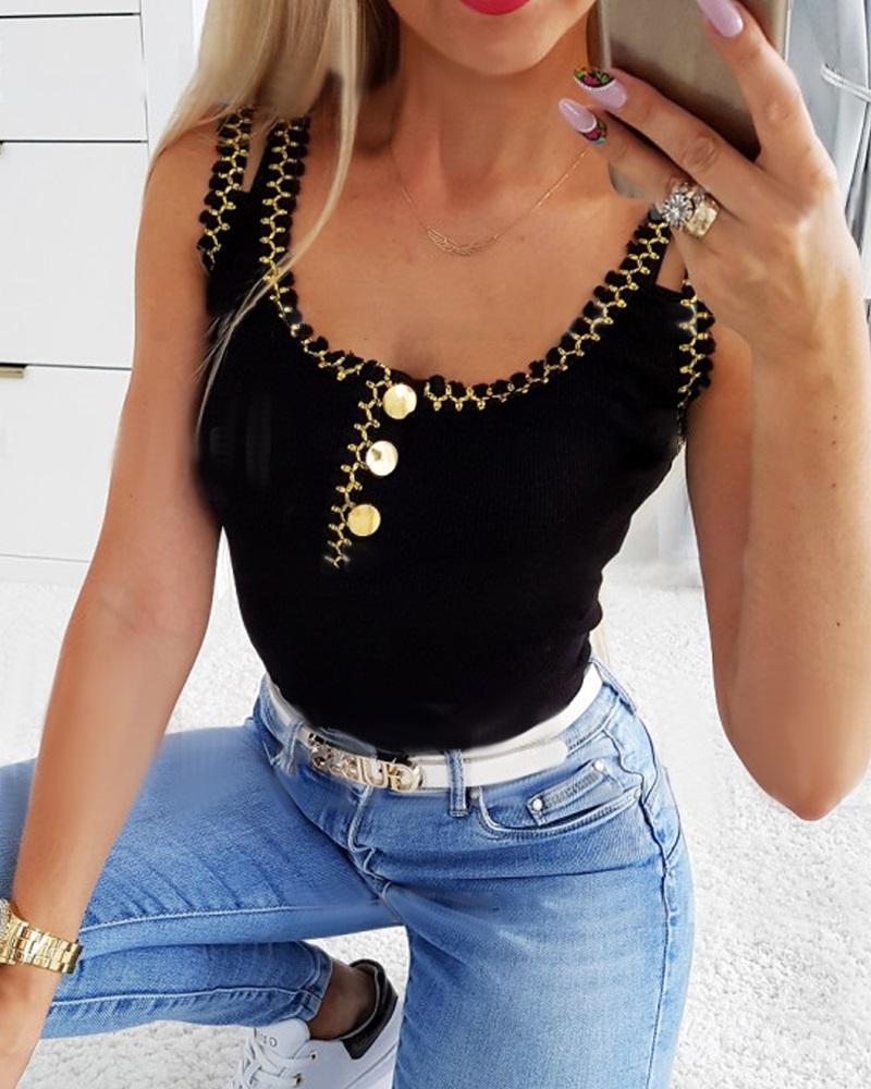 

Contrast Stitching Button Decor Tank Top, Black