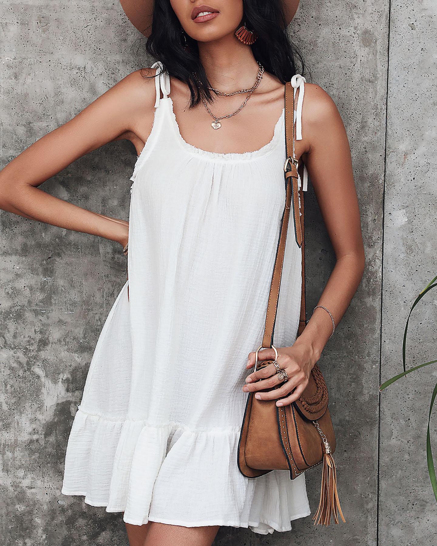 

Solid Color Backless Sling Ruffle Hem Mini Dress, White