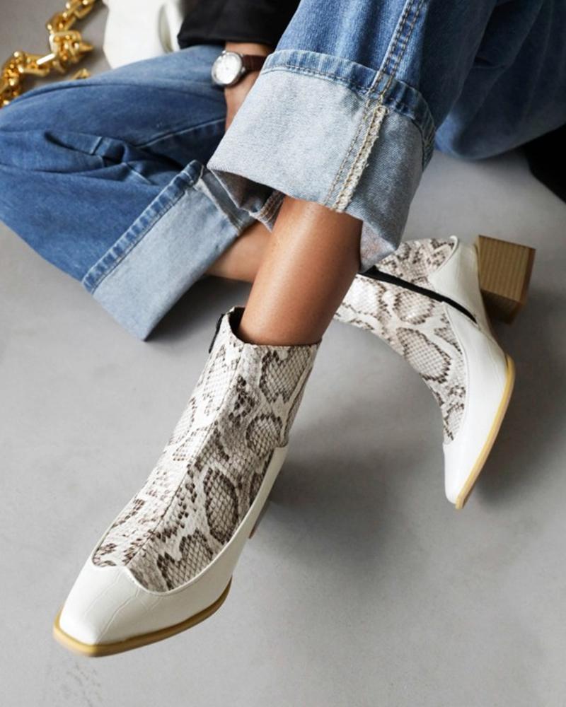 

Womens Square Toe Chunky Heel Patchwork Ankle Boots, White