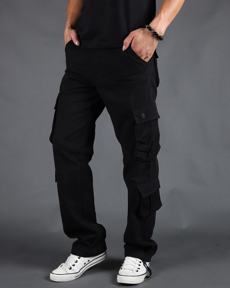 

Solid Loose Straight Leg Cargo Pants, Black
