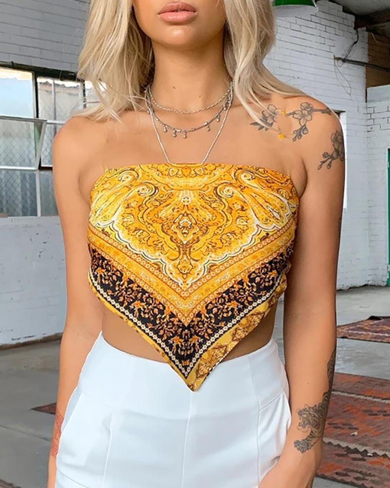 

Off Shoulder Scarf Print Handkerchief Top, Yellow