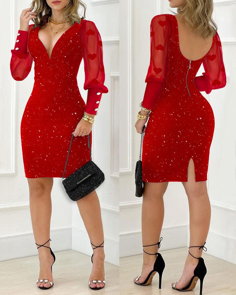 

Valentine's Day Contrast Mesh Heart Pattern Slit Bodycon Dress, Red