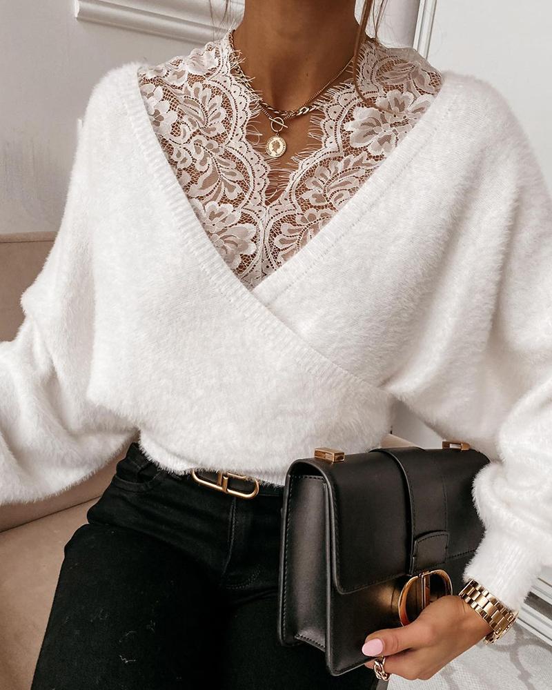 

Lace Trim Long Sleeve Top, White