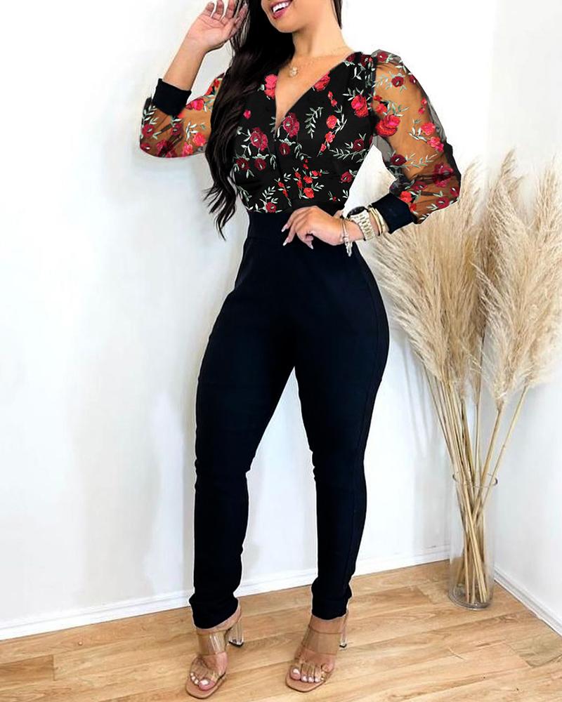 

Floral Embroidery Sheer Mesh Long Sleeve Jumpsuit, Black