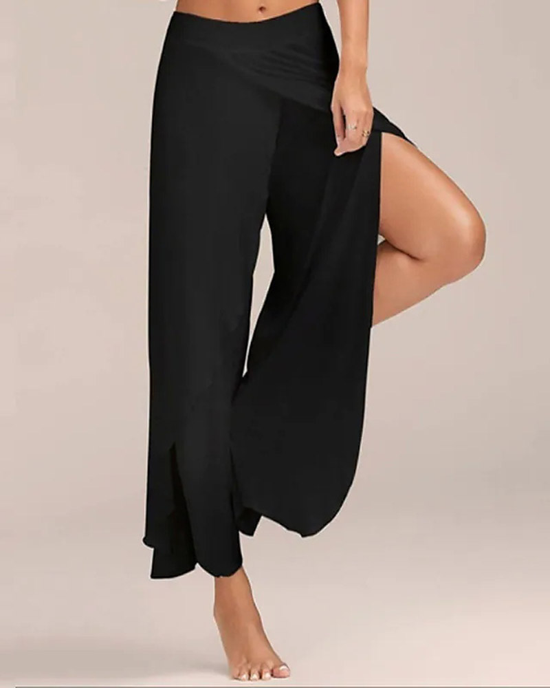 

Patchwork Split Wide Leg Yoga Pants, Black