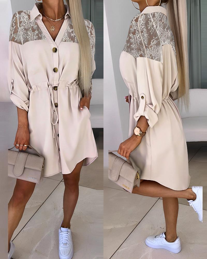 

Lace Patch Roll Up Sleeve Buttoned Shirt Dress, Apricot