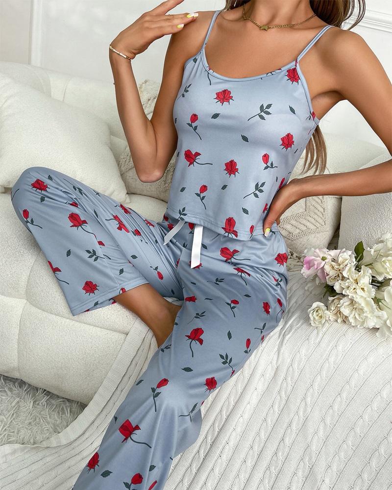 

Scoop Neck Floral Print Cami Set, Blue