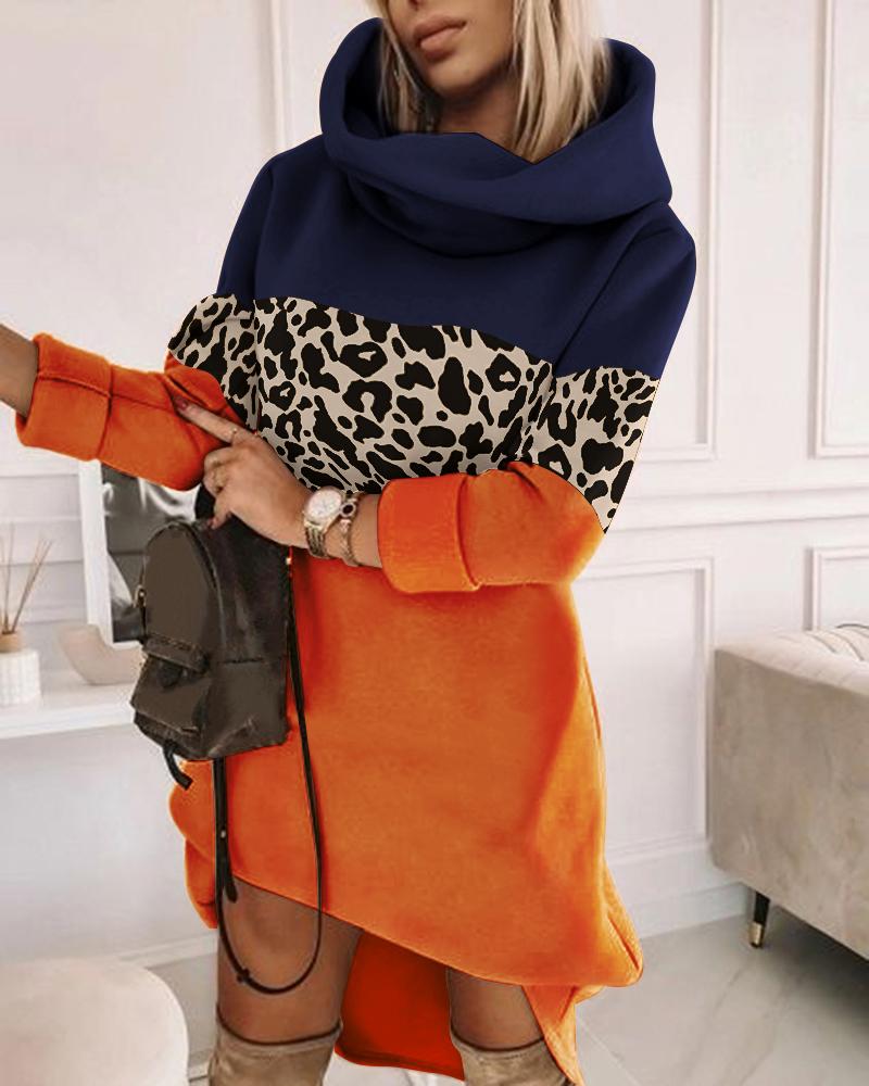 

Colorblock Contrast Leopard Long Sleeve Sweatshirt Dress, Multicolor