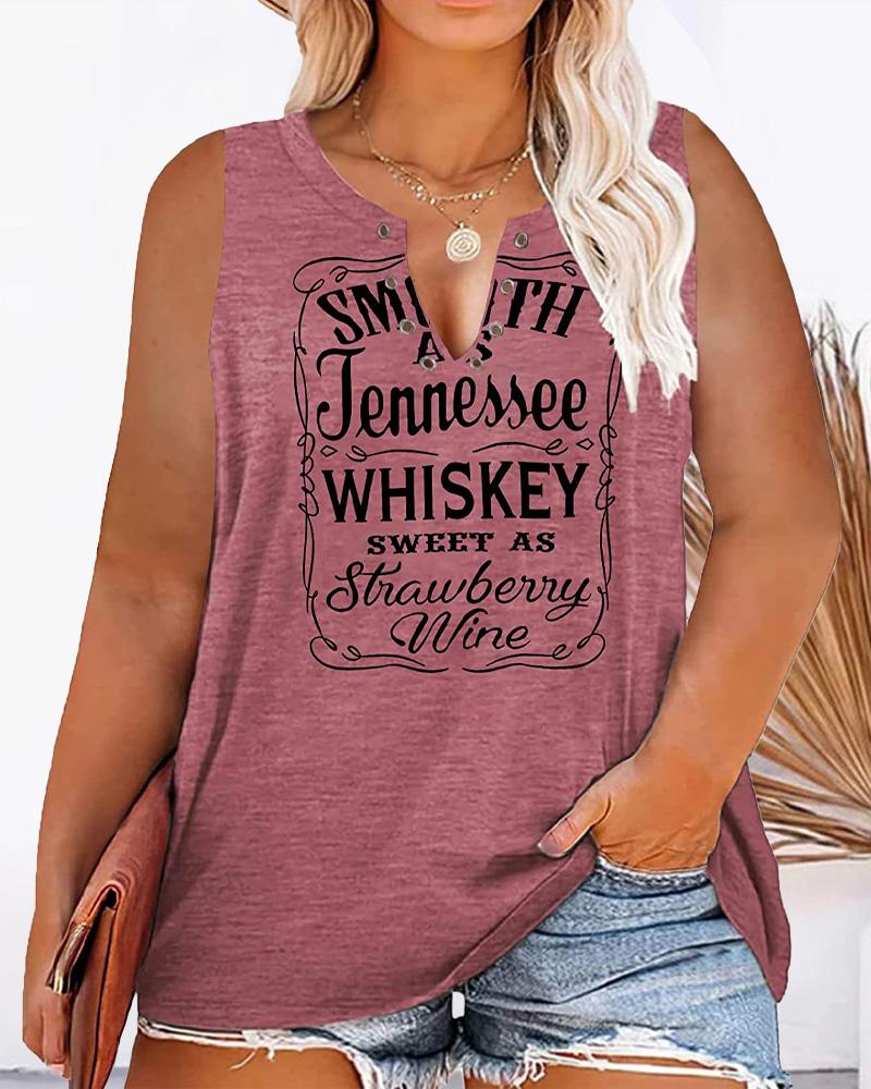 

Plus Size Whiskey Sweet As Strawberry Wine Print Notched Neck Tank Top, Pink