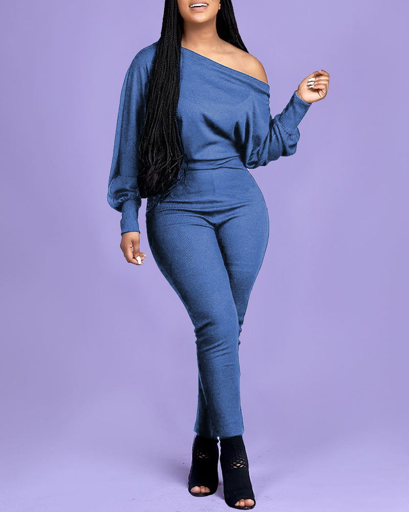 

Plus Size Ribbed Lantern Sleeve Skinny Jumpsuit, Blue