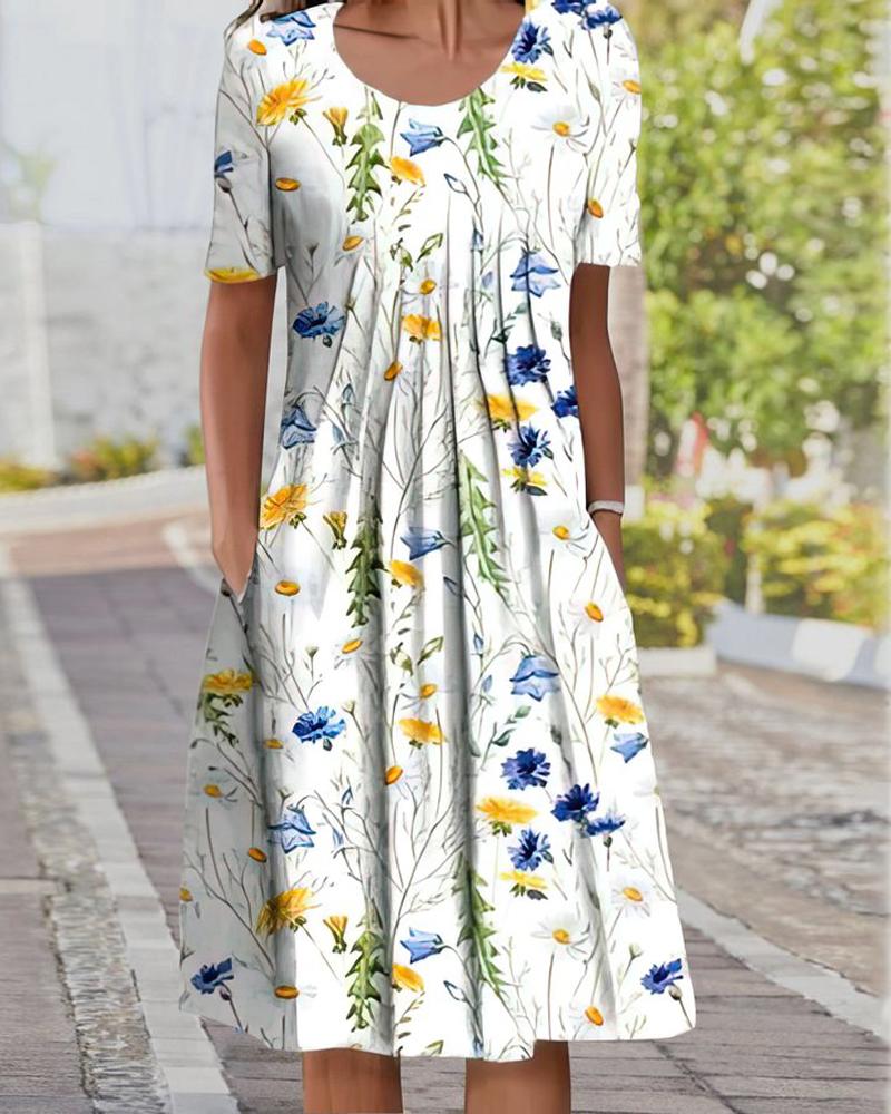 

Floral Print Pleated Detail Casual Dress, White