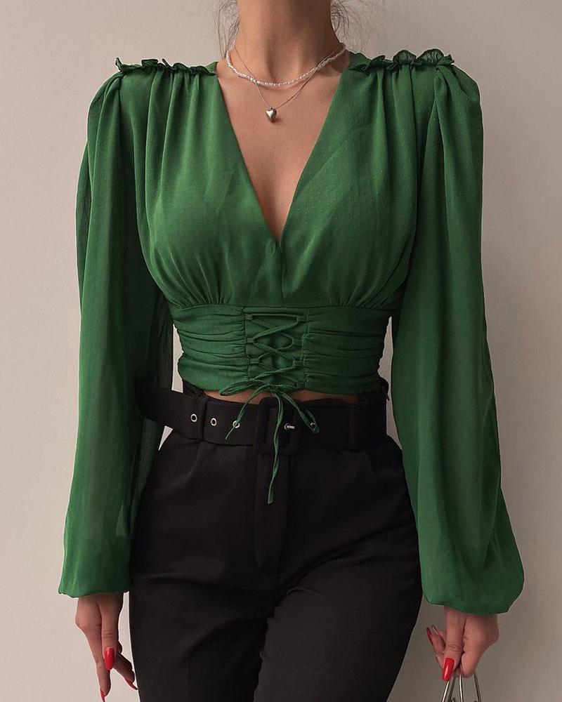 

Lantern Sleeve Plunge Lace-up Frill Hem Top, Green