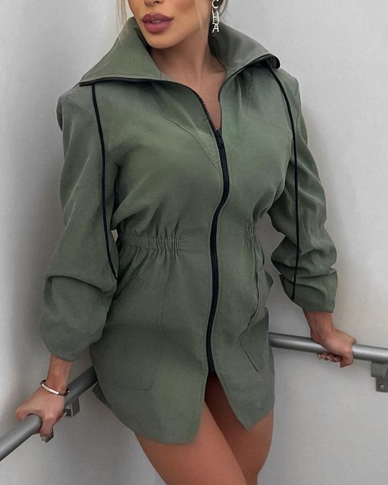 

Long Sleeve Drawstring Long Sleeve Coat, Army green
