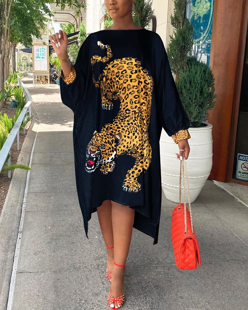 

Leopard Print Long Sleeve O Neck Casual Dress, Black