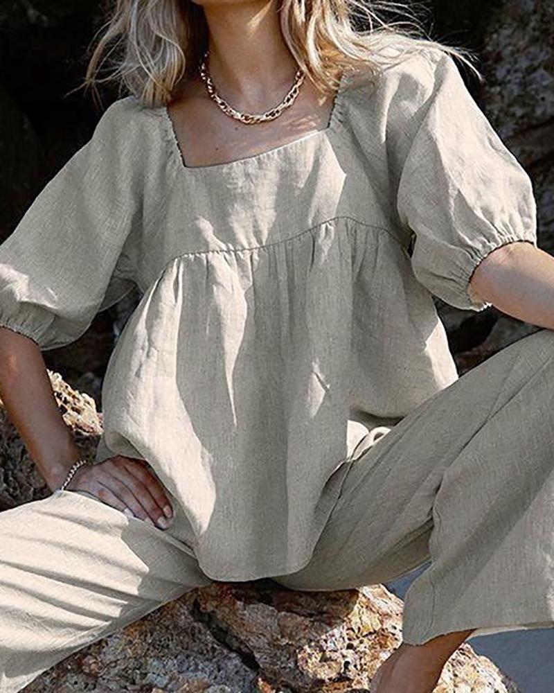 

Puff Half Sleeve Ruched Casual T-shirt, Khaki