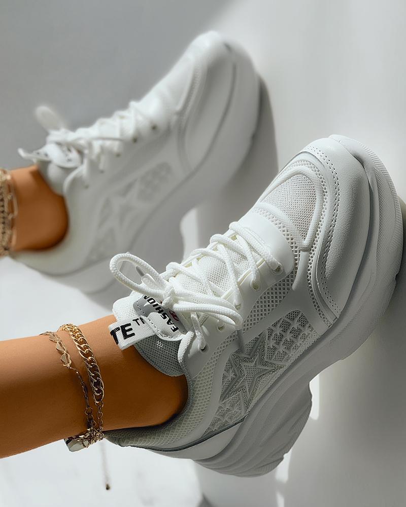 

Lace-up Front Star Pattern Platform Sneakers, White&silver