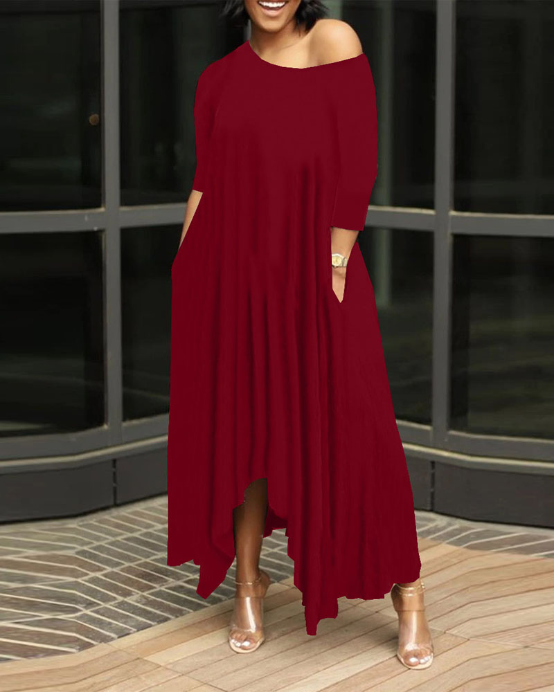 

Plus Size Pocket Detail Asymmetrical Maxi Dress, Wine red