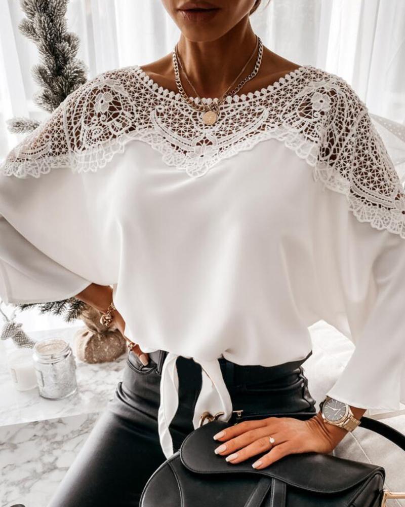 

Plain Lace Up Patchwork Round Neck Top, White