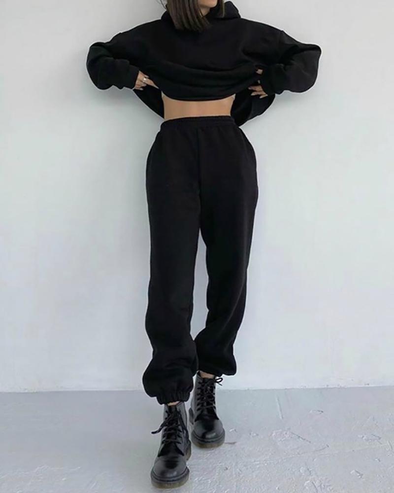 

Long Sleeve Pocket Design Hooded Sweatshirt & Cuffed Pants Set, Black