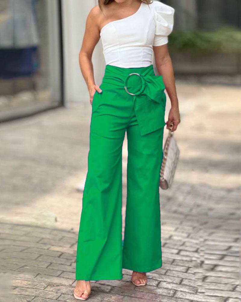 

Puff Sleeve Top & Wide Leg Pants Set, Green