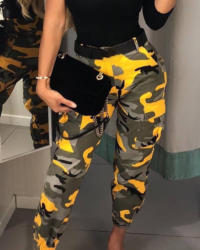 

Camouflage Print Pocket Design High Waist Pants, Yellow