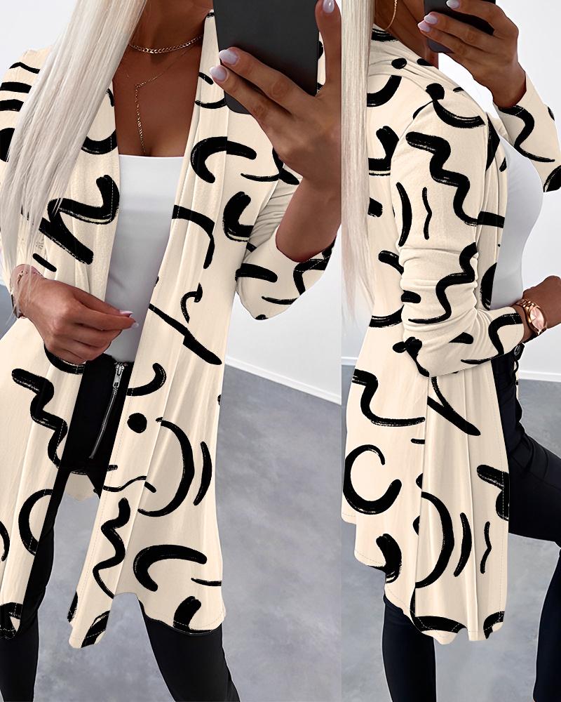 

Abstract Print Open Front Long Sleeve Coat, Apricot