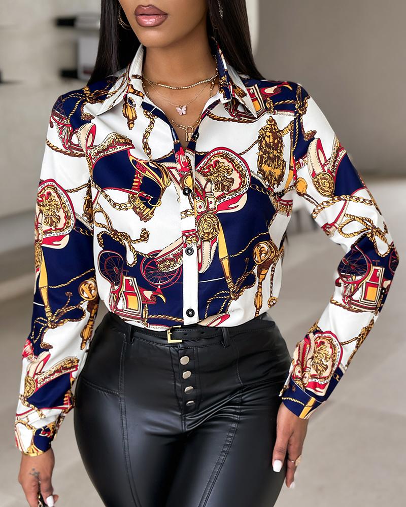 

Scarf Print Buttoned Long Sleeve Casual Shirt, Multicolor