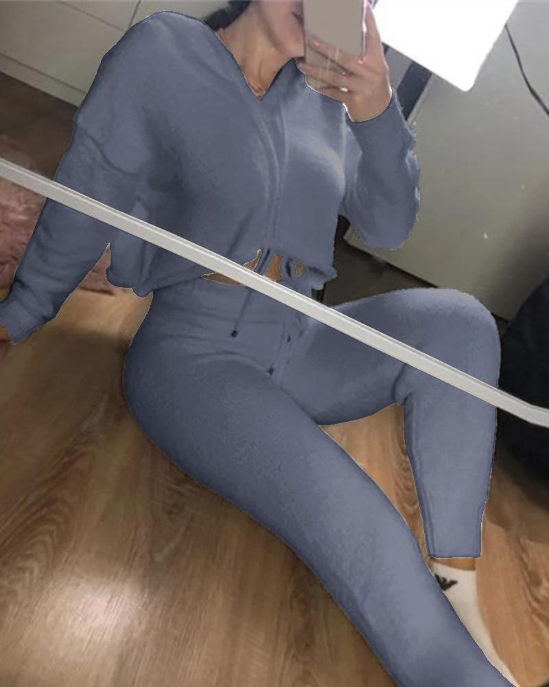 

Fluffy Drawstring Top & High Waist Pants Set, Gray