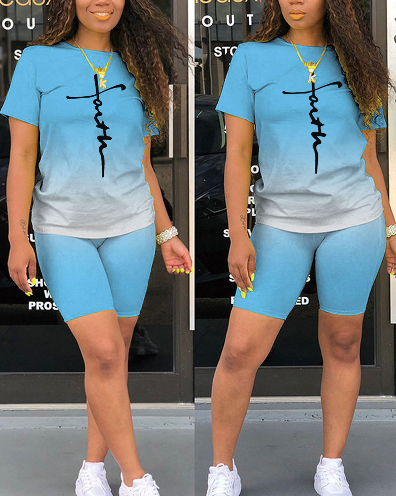 

Letter Print Ombre Casual Top & Shorts Set, Lighted blue