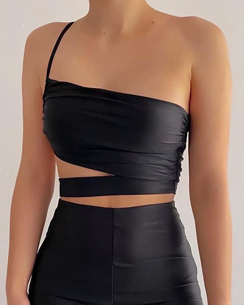 

Plain Cutout Spaghetti Strap Top, Black