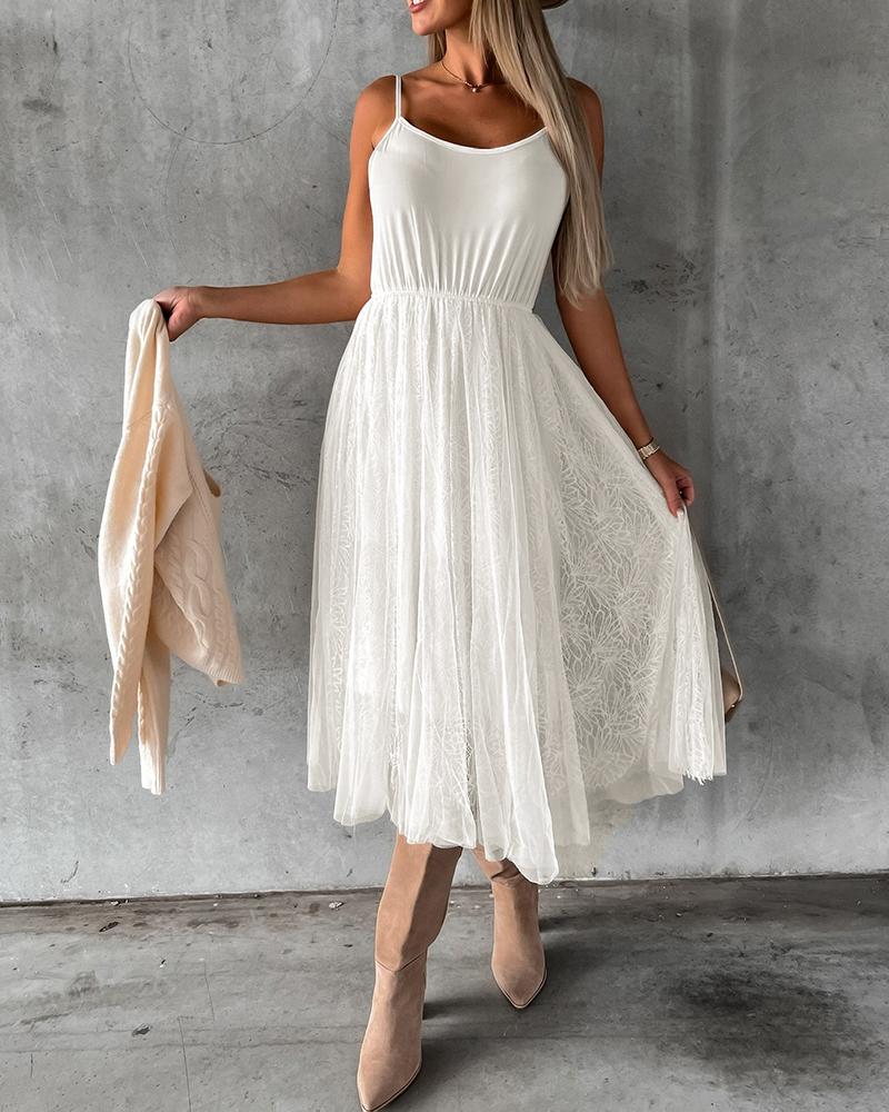 

Spaghetti Strap Sheer Mesh Lace Dress, Beige