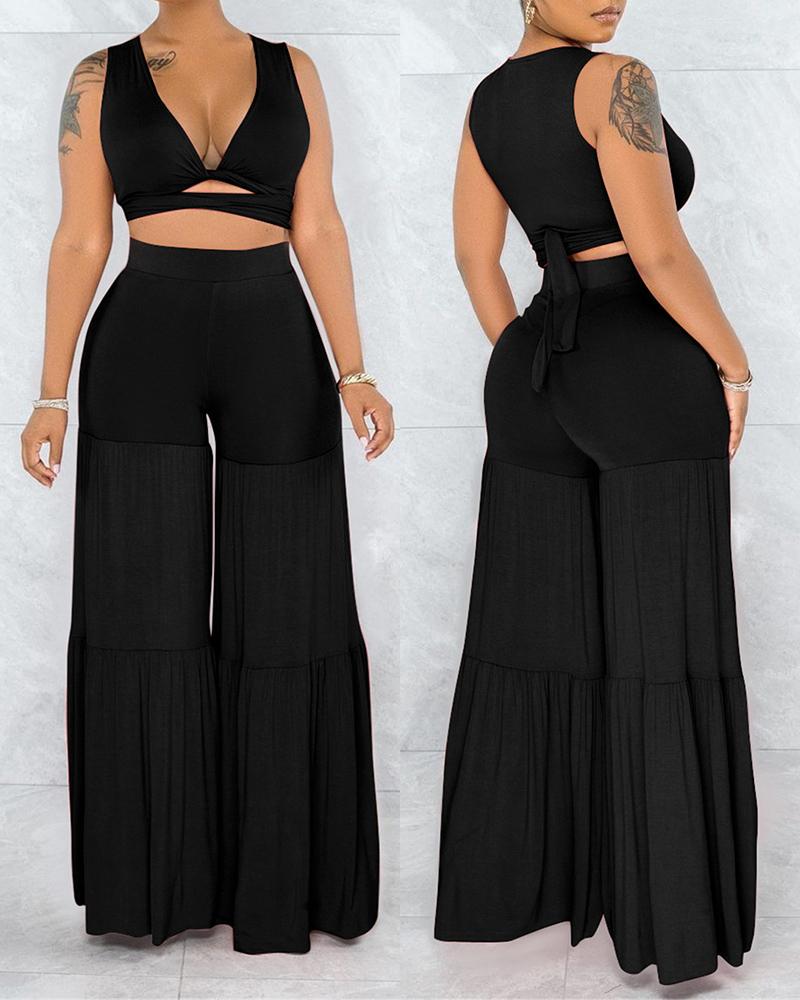 

Solid Color Lace-up Ruched Tank Top With Wide Leg Pants Suit Sets, Black