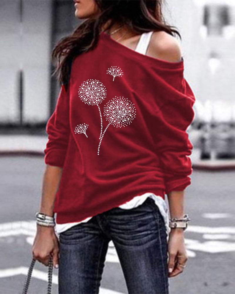 

Dandelion Print Long Sleeve Sweatshirt, Wine red