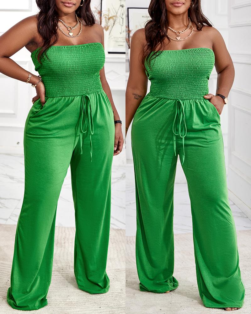 

Bandeau Shirred Pocket Design Wide Leg Jumpsuit, Green