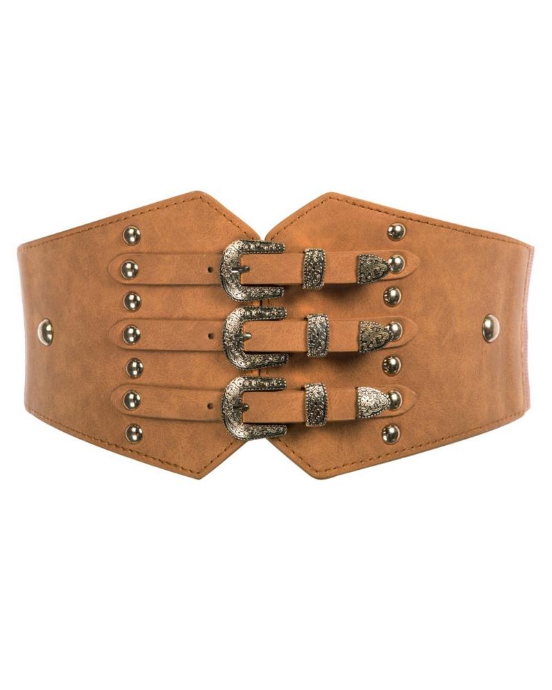 

1pc Vintage Buckle Decor Elastic Wide Belt, Brown
