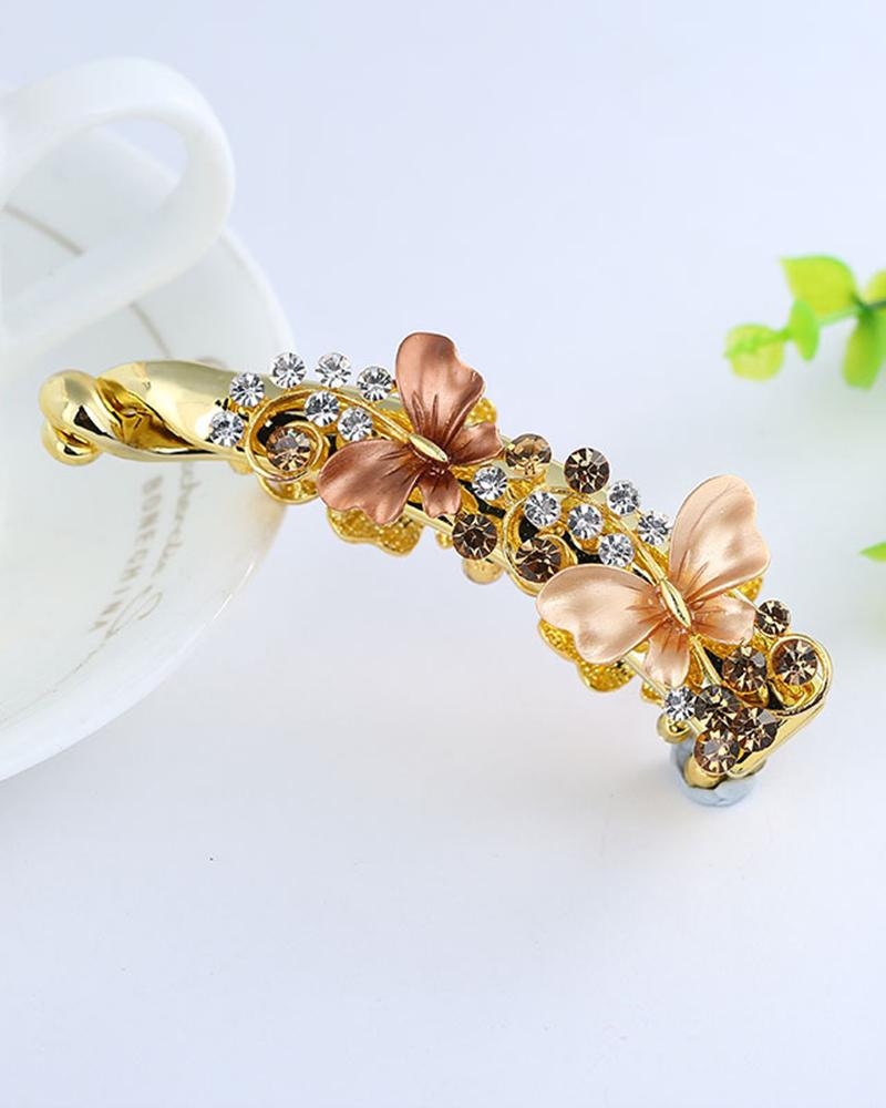 

Women's Rhinestone Ponytail Bow Hairpin Paint Double Butterfly Banana Hair Clip, Coffee