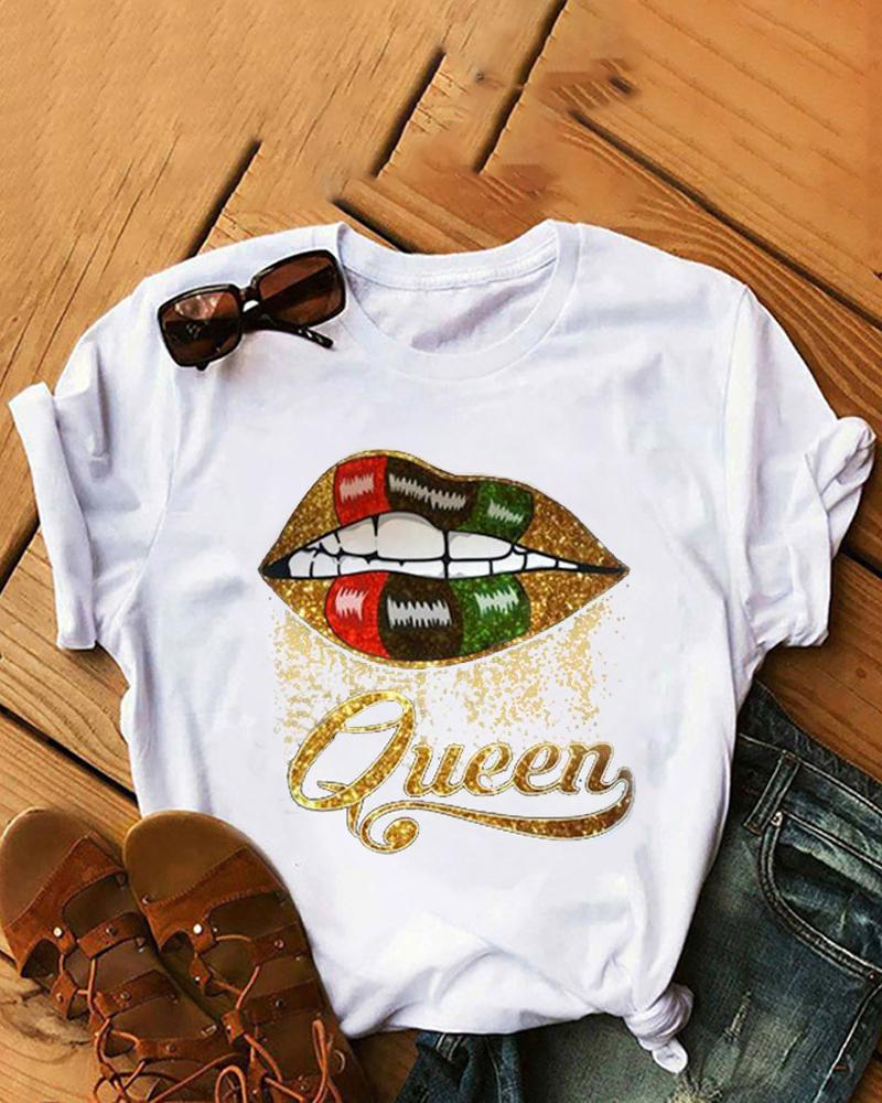 

Lip Letter Print Short Sleeve Casual T-shirt, White