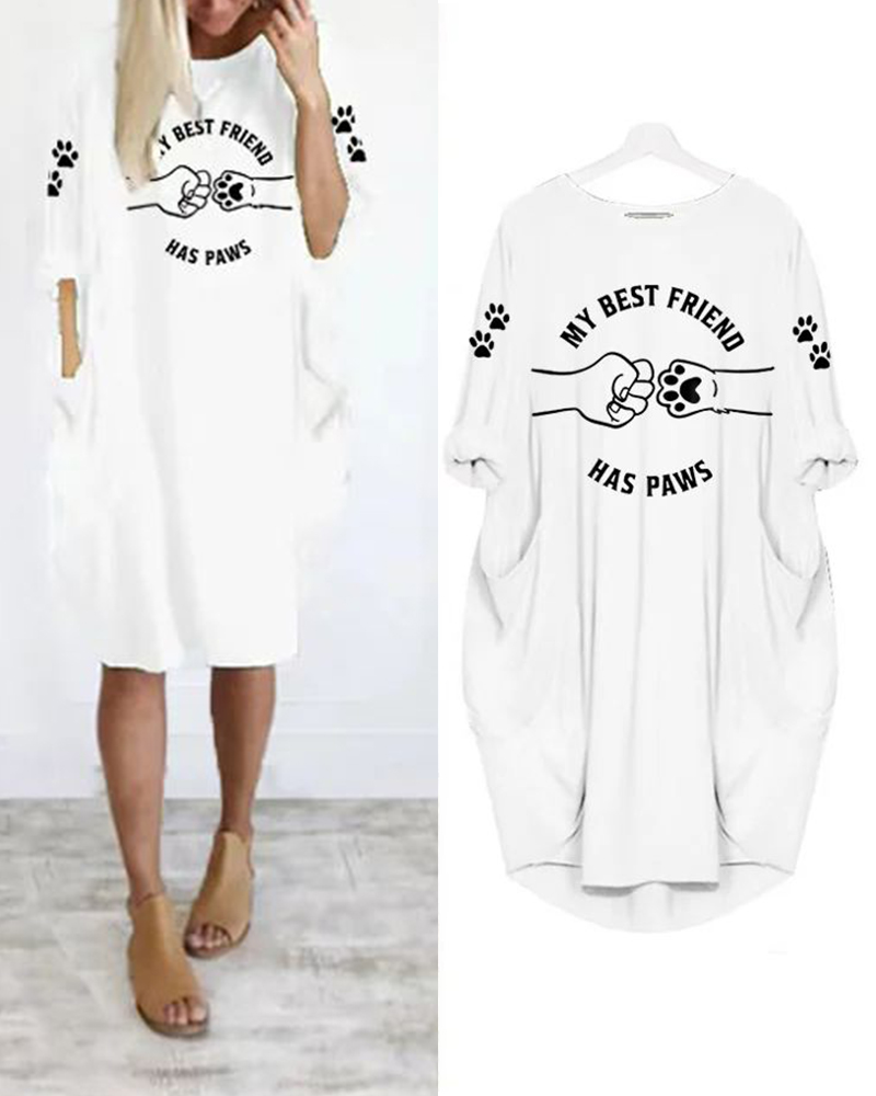 

Puppy Claw Letter Graphic Print Casual Dress, White