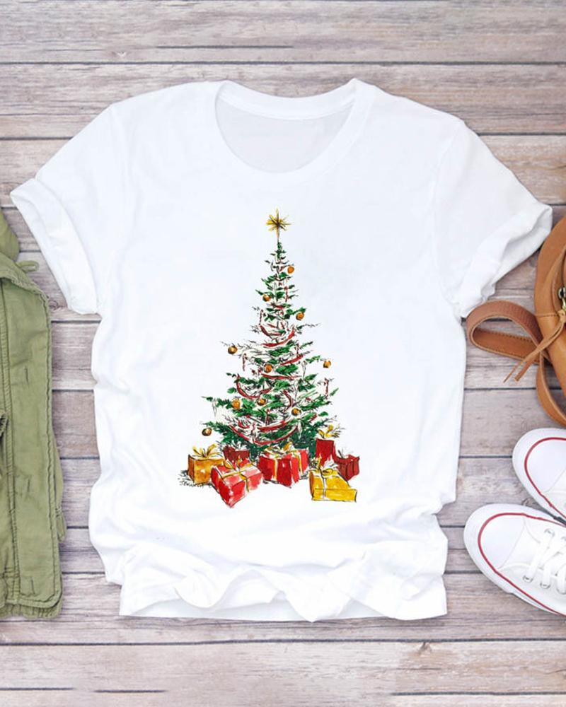 

Christmas Tree Letter Plaid Cheetah Pattern Print Short Sleeve Top, Style3