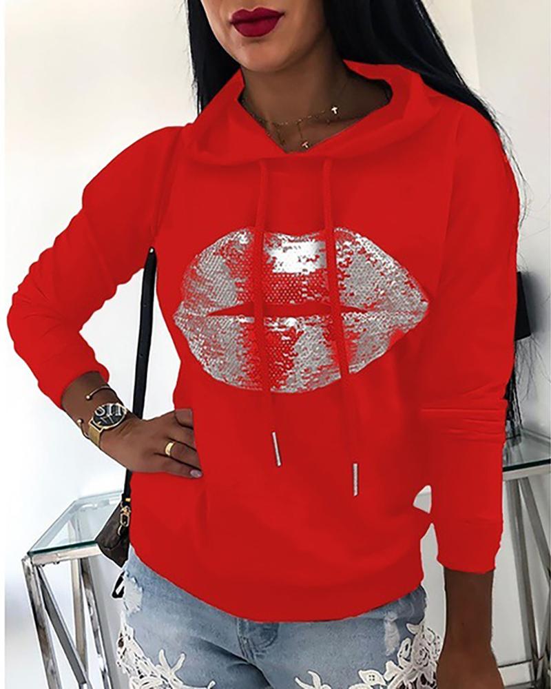 

Lip Pattern Sequins Casual Hooded Sweatshirt, Red