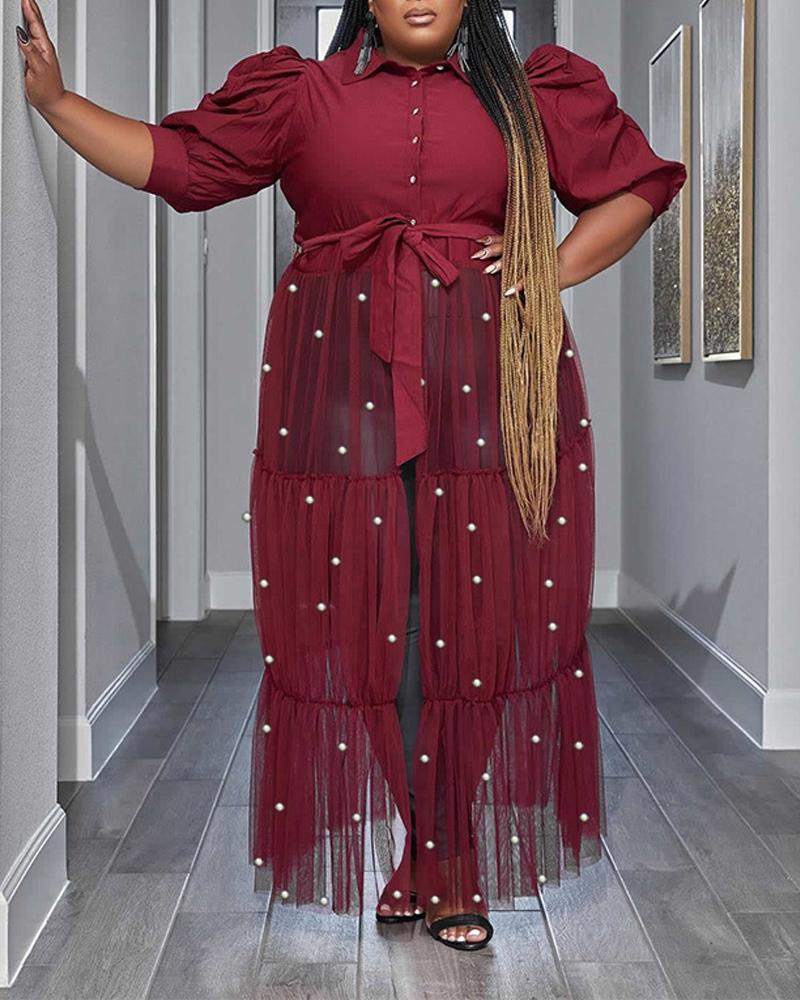 

Plus Size Beaded Decor Contrast Mesh Puff Sleeve Longline Top, Wine red