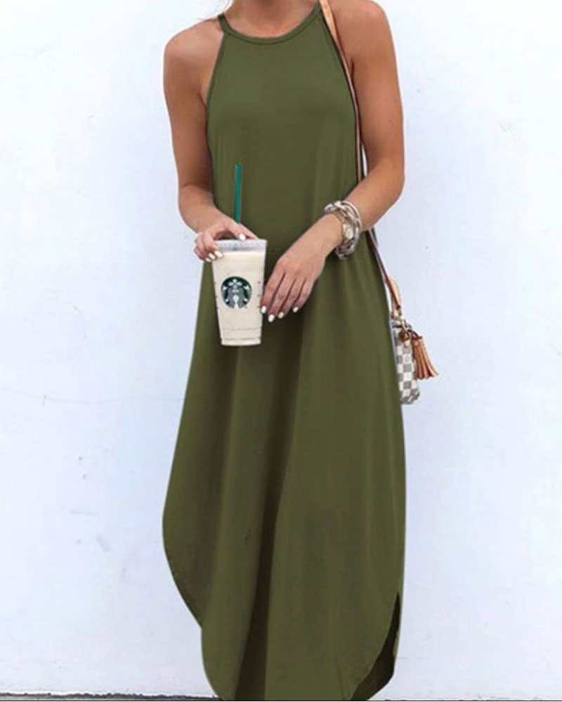 

Plain Round Neck Sleeveless Casual Dress, Army green