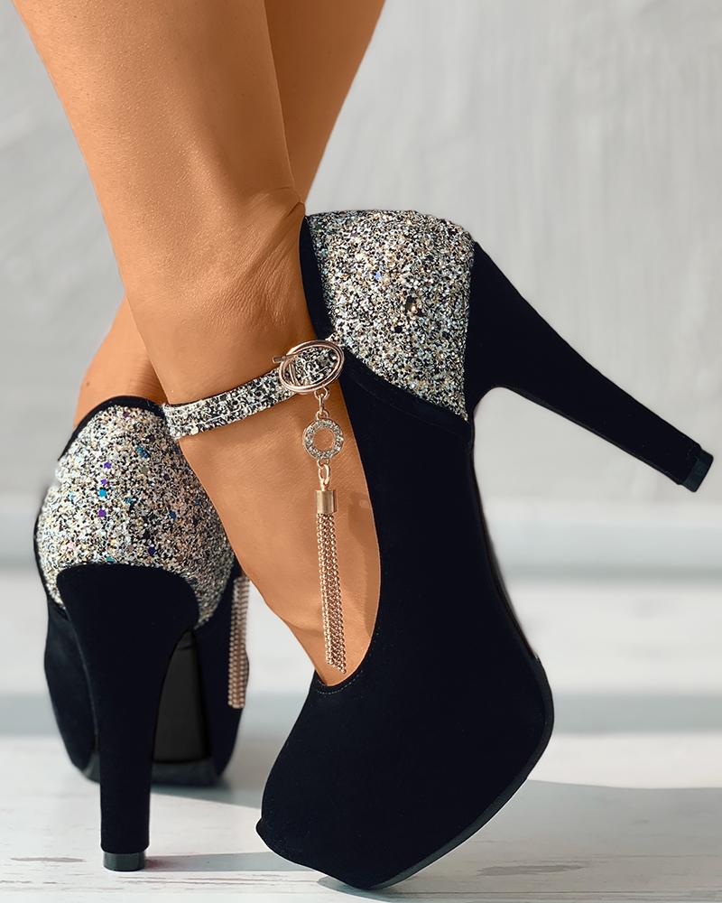 

Contrast Sequin Chain Tassel Design Suede Heels, Black