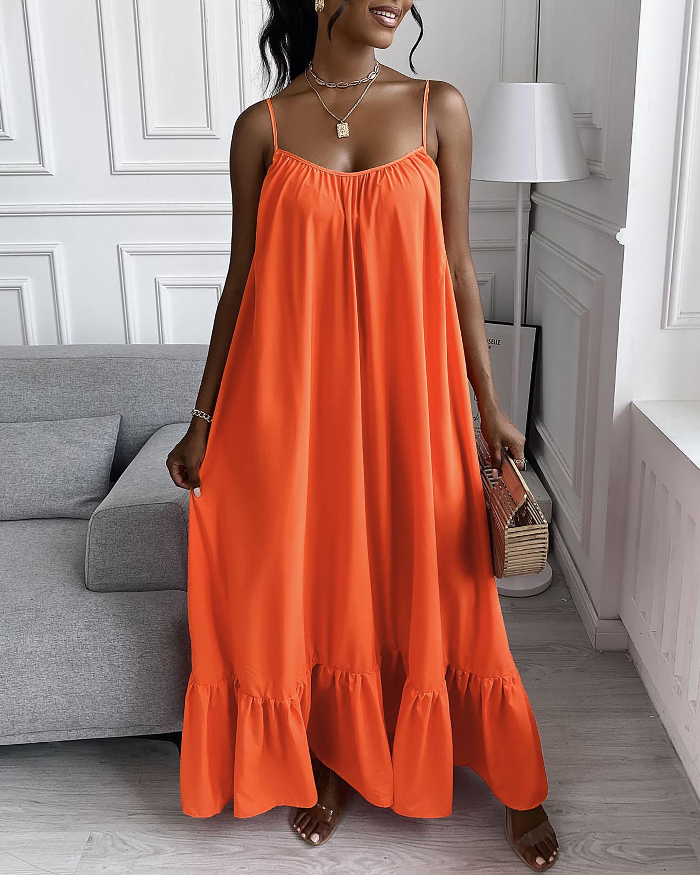 

Ruched Ruffles Tied Detail Cutout Back Casual Maxi Dress, Orange