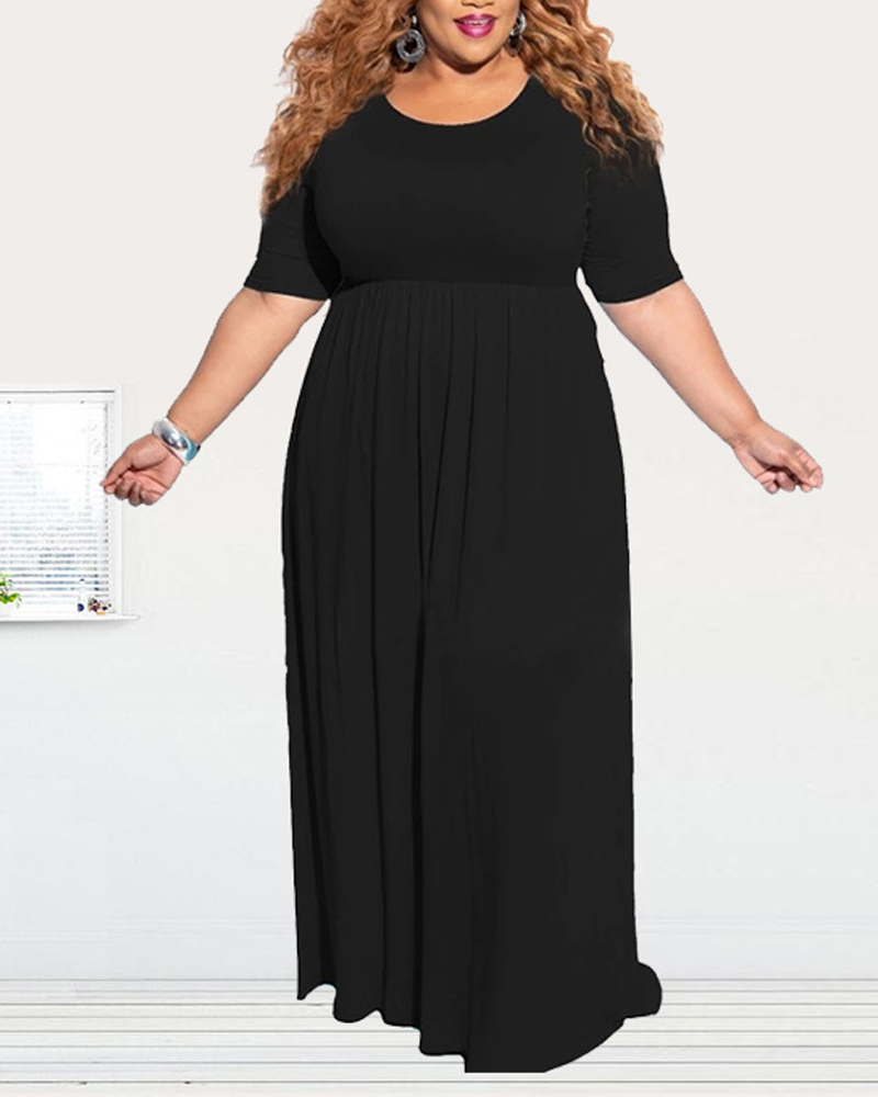

Plus Size Short Sleeve Ruched Design Maxi Dress, Black