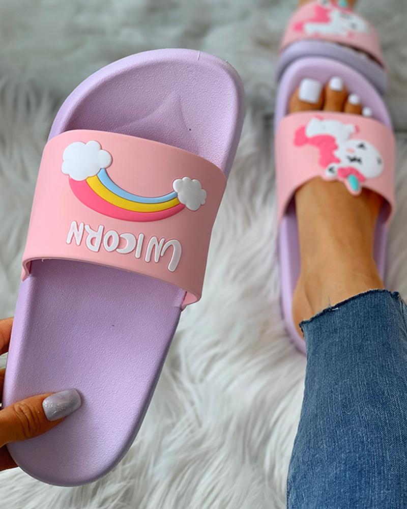 

Cartoon Rainbow Pattern Open Toe Flat Sandals, Pink